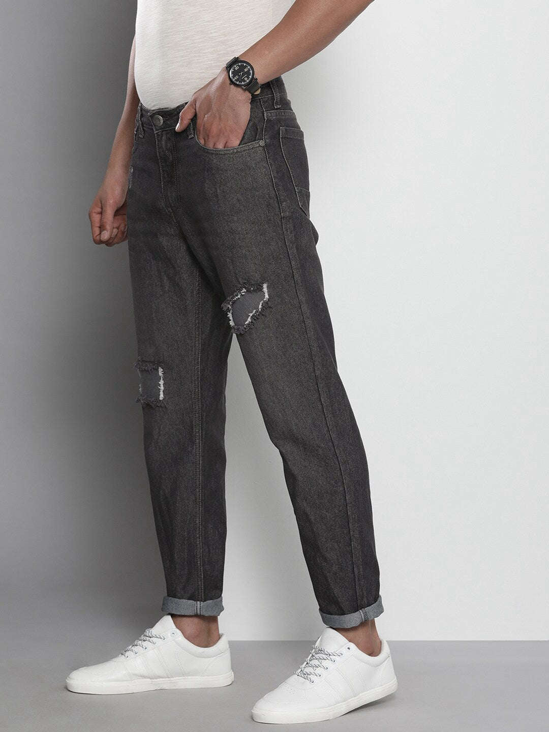 Men's Grey Dad Fit Distressed Mid-Rise Jeans - Image 2