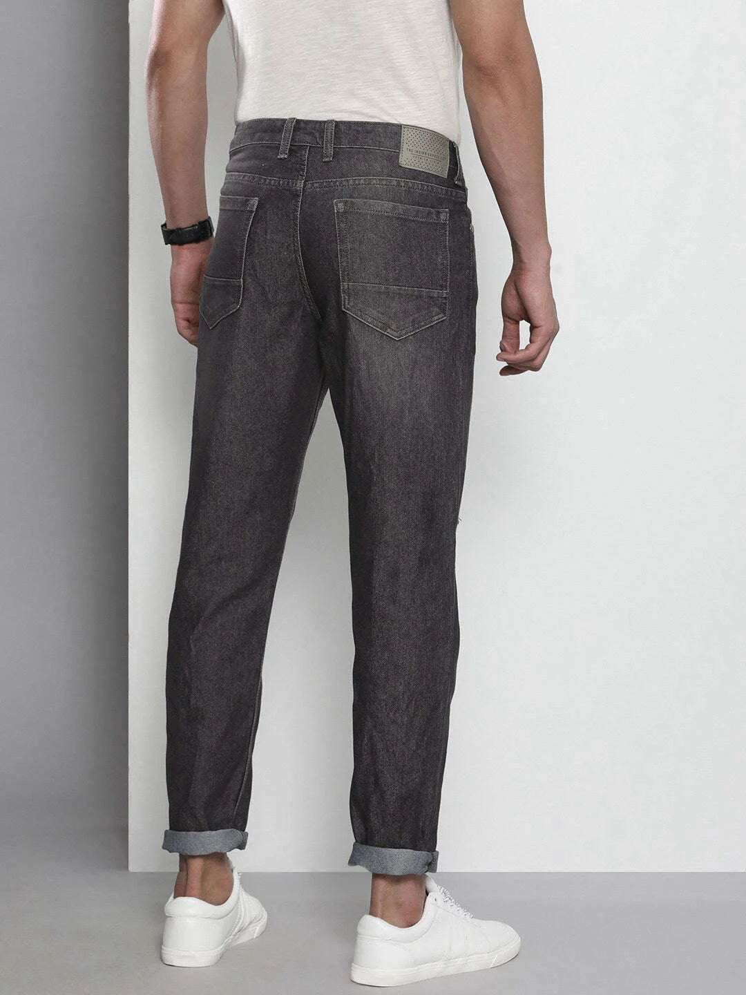 Men's Grey Dad Fit Distressed Mid-Rise Jeans - Image 3