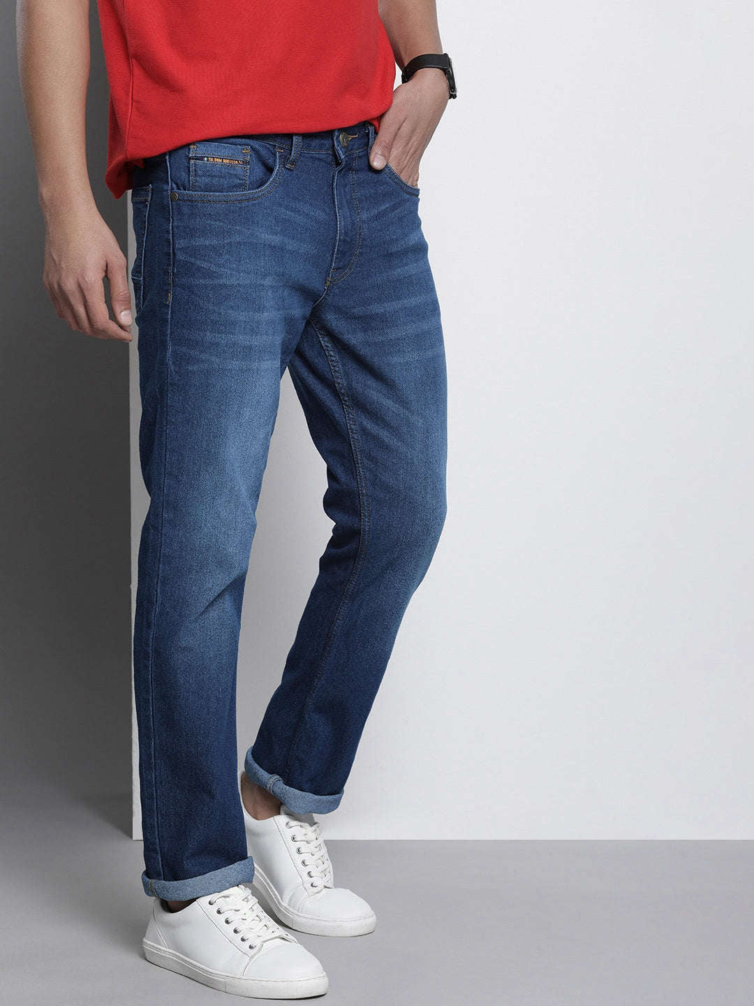 Men's Blue Slim Straight Fit Solid Mid-Rise Stretchable Jeans