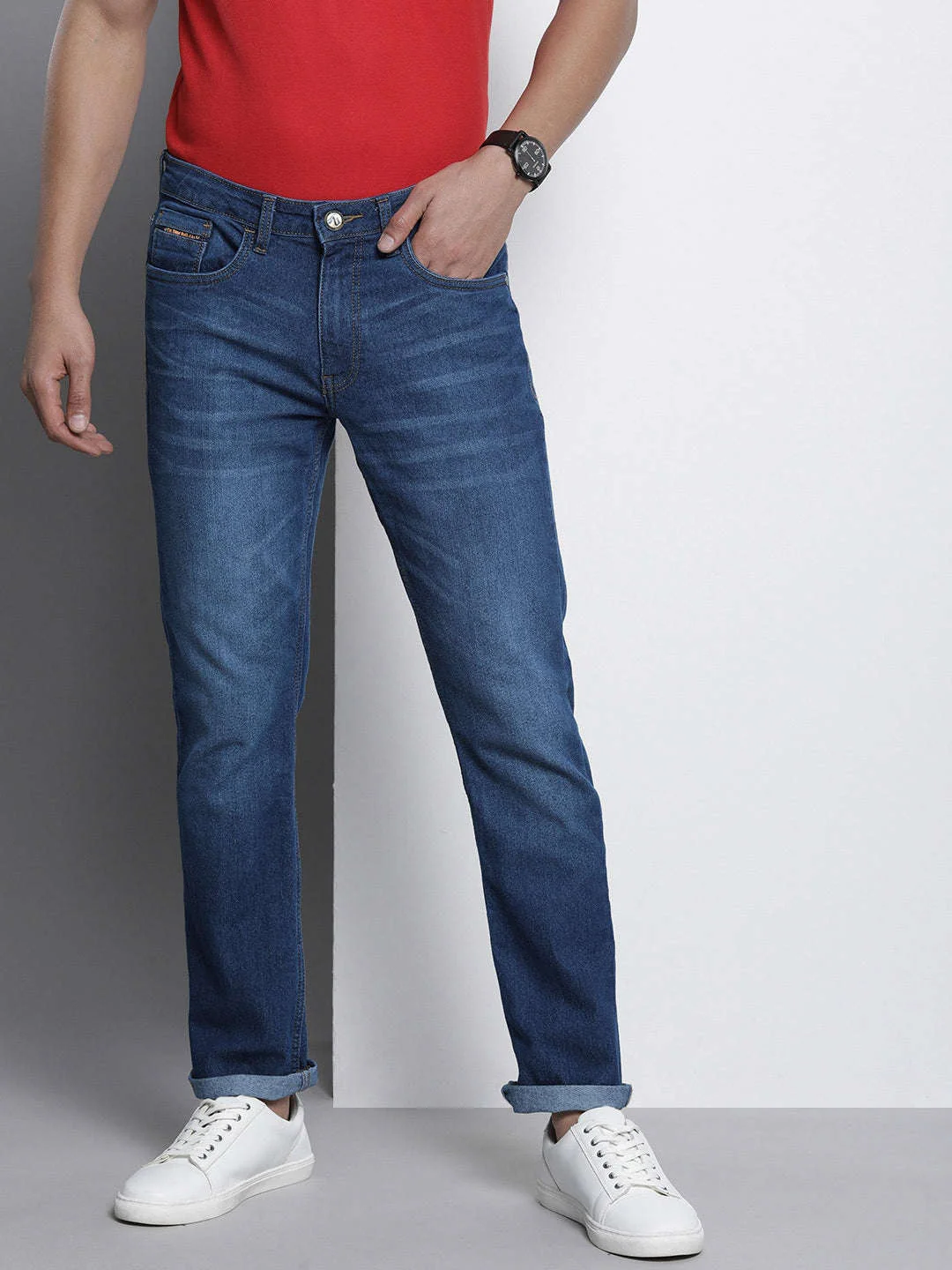 Men's Blue Slim Straight Fit Solid Mid-Rise Stretchable Jeans - Image 2