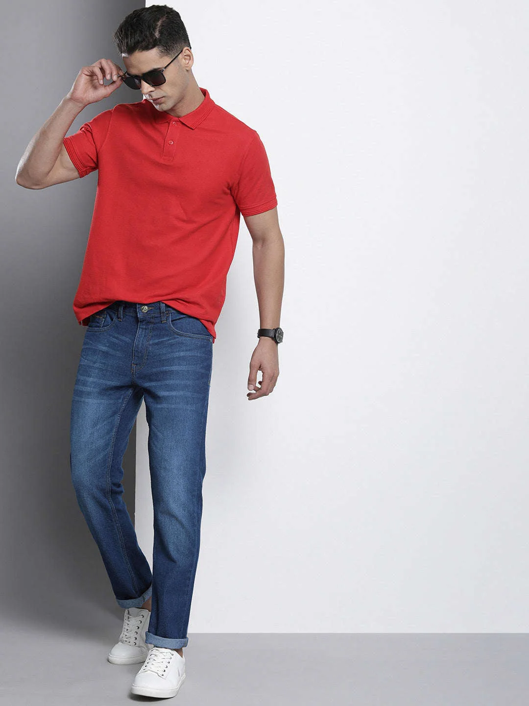 Men's Blue Slim Straight Fit Solid Mid-Rise Stretchable Jeans - Image 5
