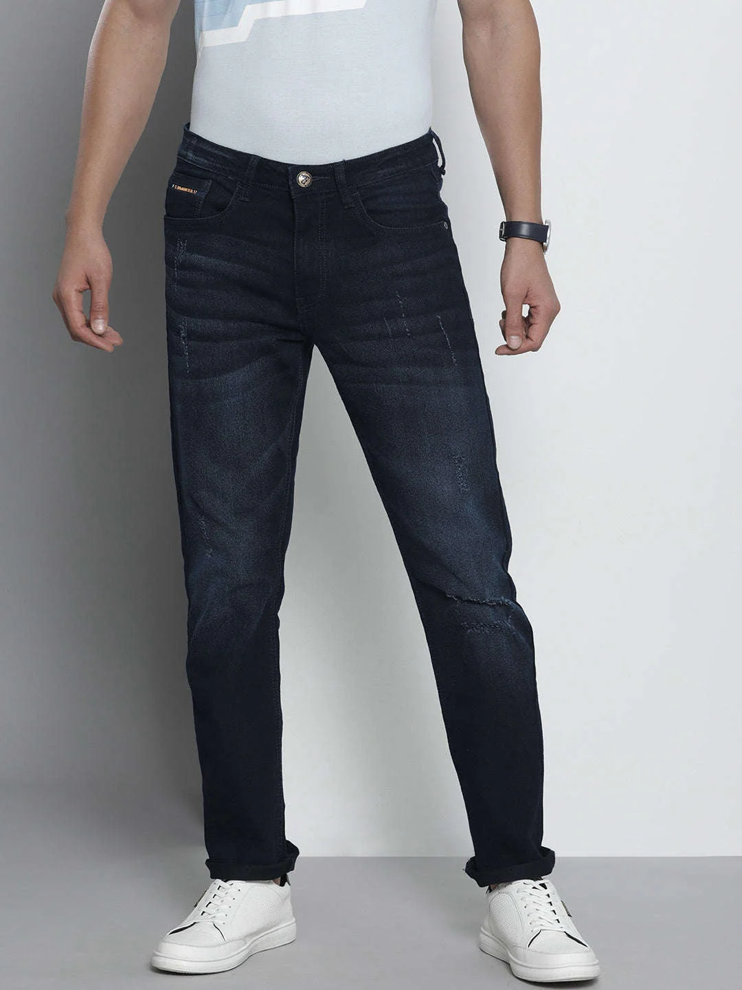 Men's Dark Blue Slim Fit Solid Street Wear Jeans - Image 2