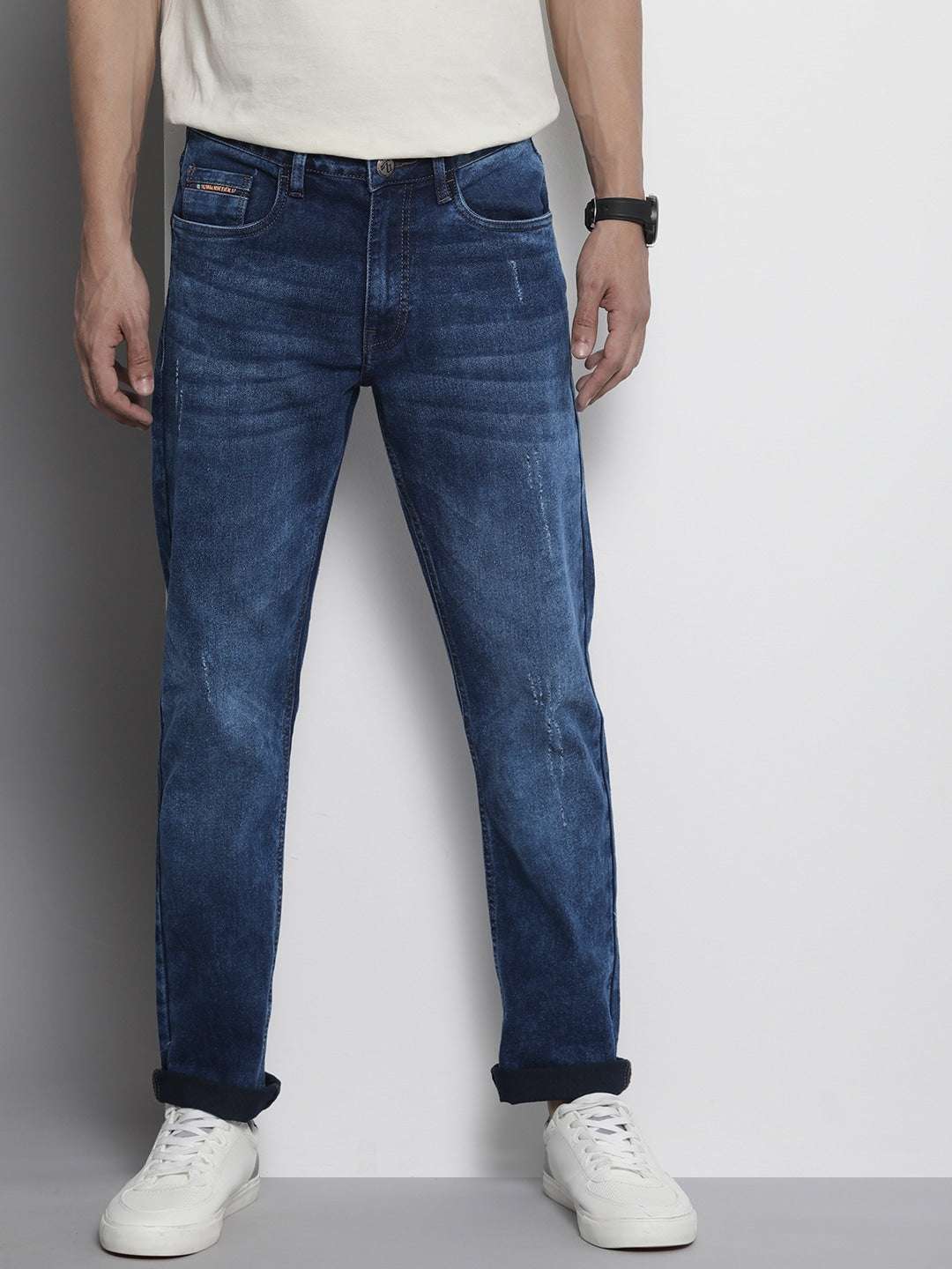 Men's Blue Slim Straight Fit Solid Mid-Rise Stretchable Jeans