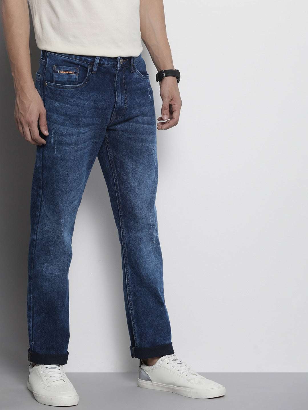 Men's Blue Slim Straight Fit Solid Mid-Rise Stretchable Jeans - Image 2