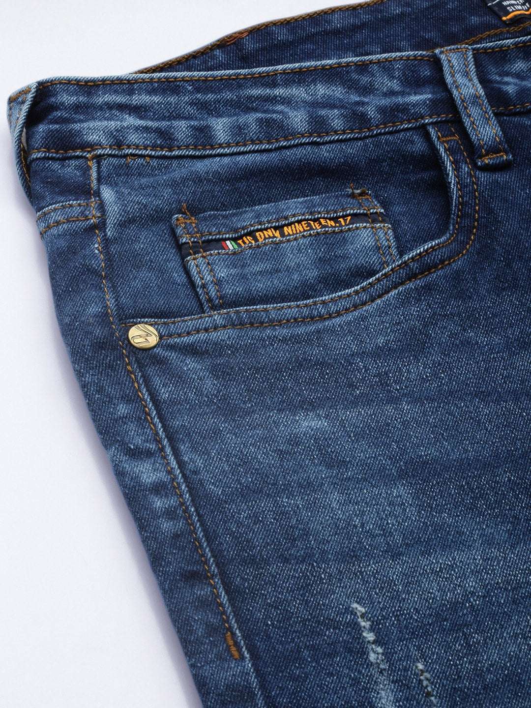 Men's Blue Slim Straight Fit Solid Mid-Rise Stretchable Jeans - Image 6