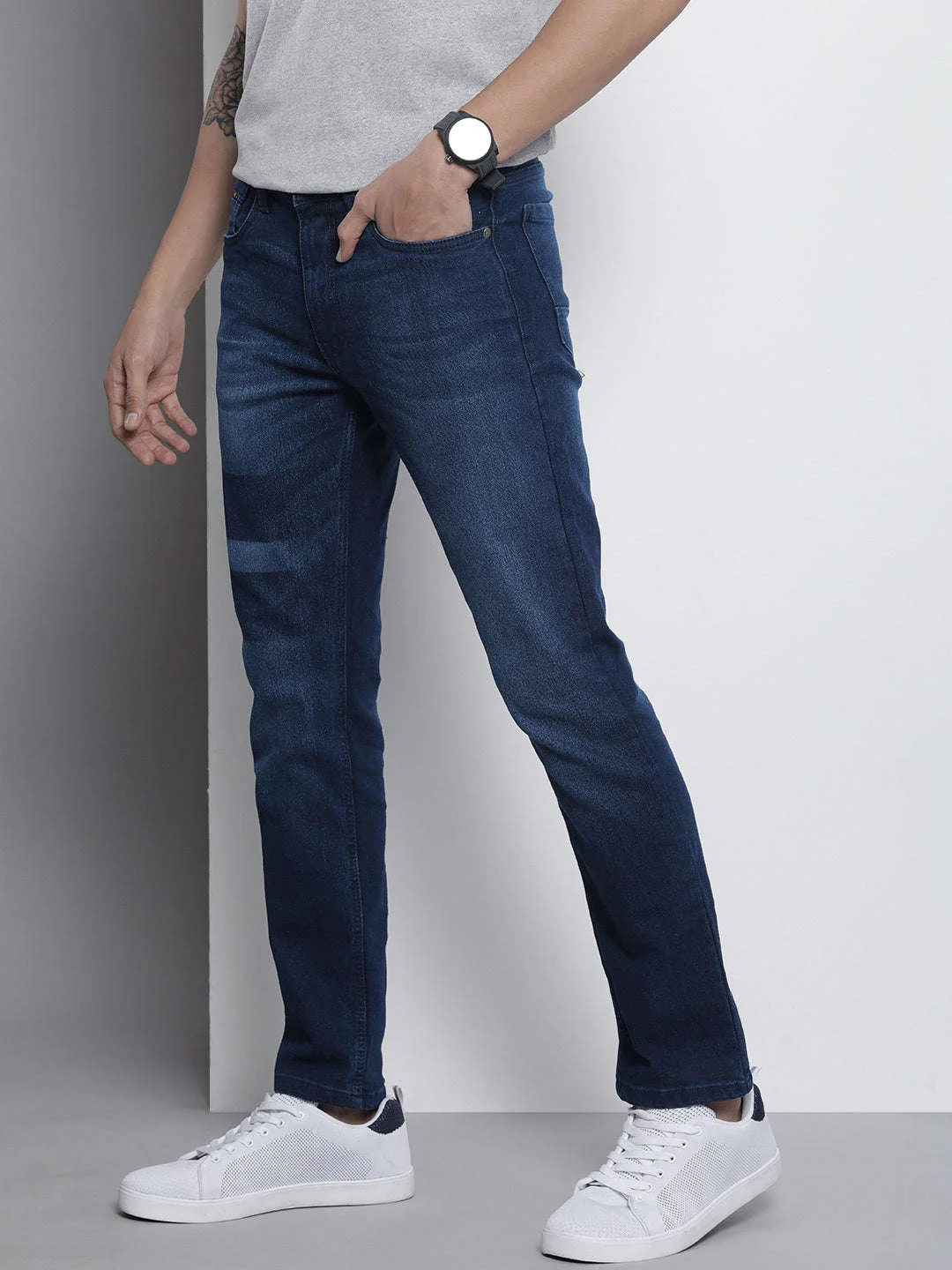 Men's Dark Blue Slim Fit Solid Street Wear Jeans - Image 2