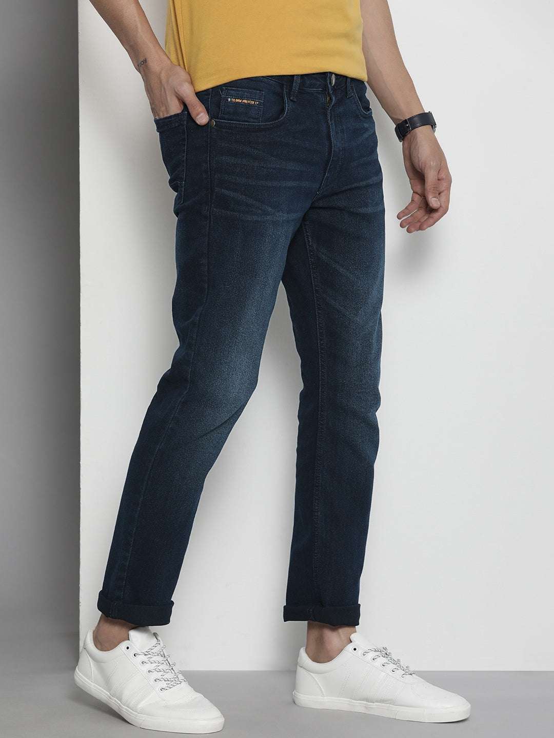 Men's Blue Slim Straight Fit Solid Mid-Rise Stretchable Jeans
