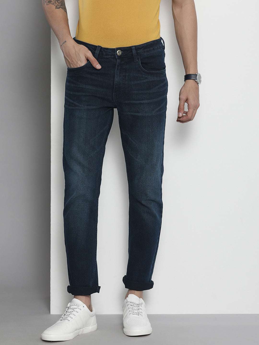 Men's Blue Slim Straight Fit Solid Mid-Rise Stretchable Jeans - Image 2