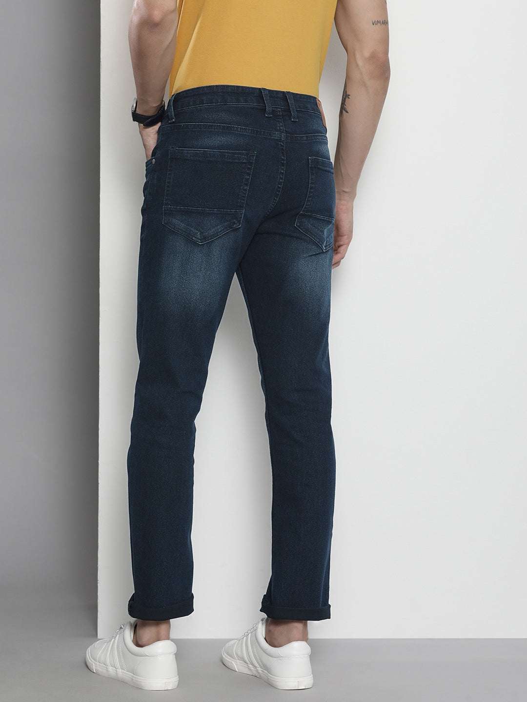 Men's Blue Slim Straight Fit Solid Mid-Rise Stretchable Jeans - Image 3