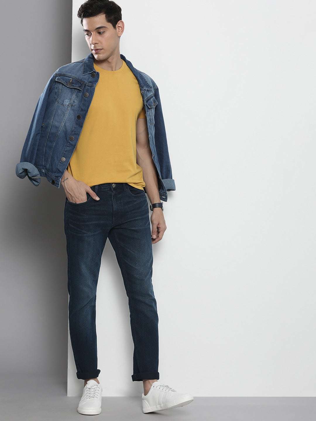Men's Blue Slim Straight Fit Solid Mid-Rise Stretchable Jeans - Image 4