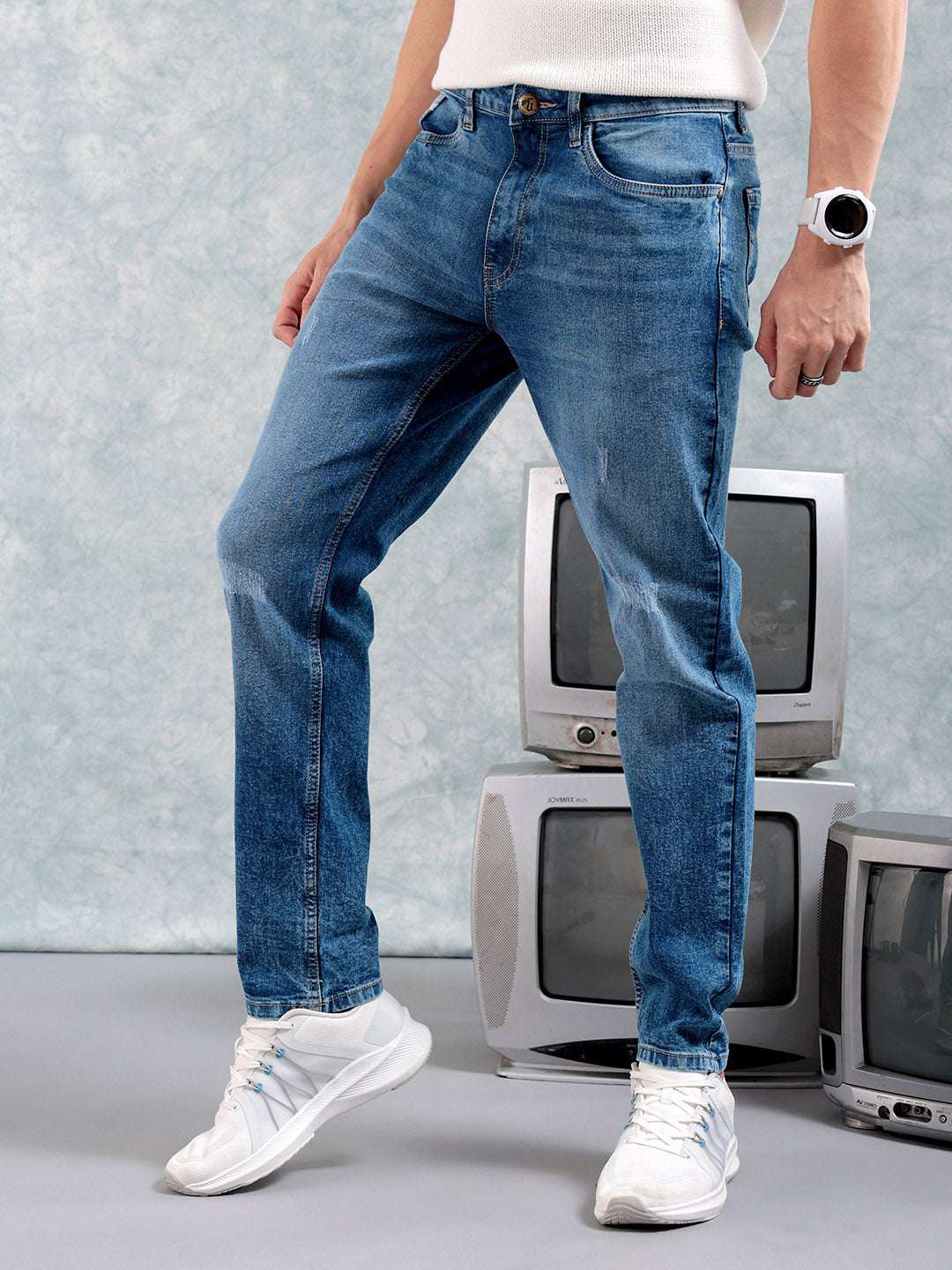 Men's Light Blue Slim Fit Solid Street Wear Jeans - Image 4