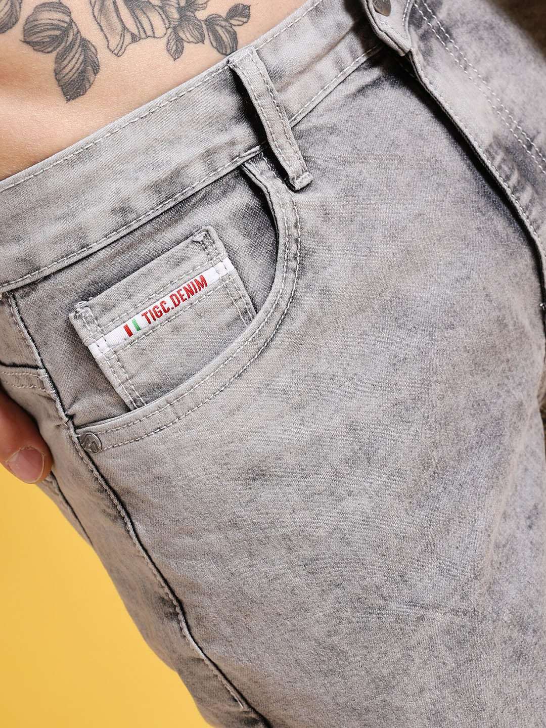 Men's Grey Slim Fit Solid Street Wear Jeans - Image 4