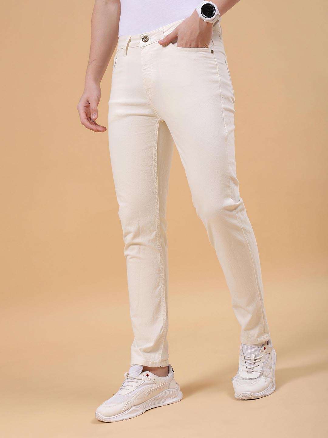 Men's White Slim Fit Solid Mid-Rise Stretchable Jeans - Image 4