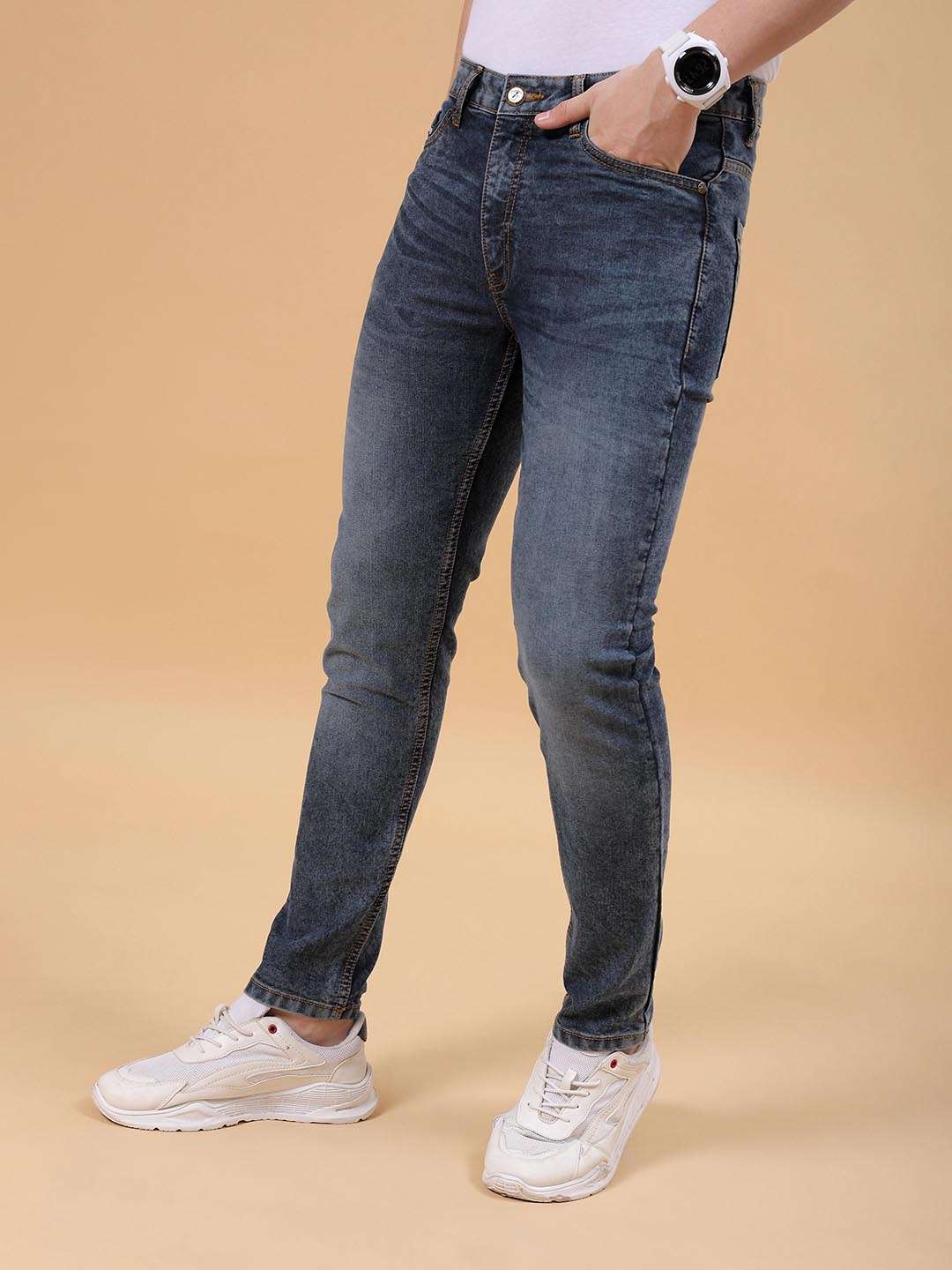 Men's Navy Slim Fit Solid Mid-Rise Stretchable Jeans - Image 4