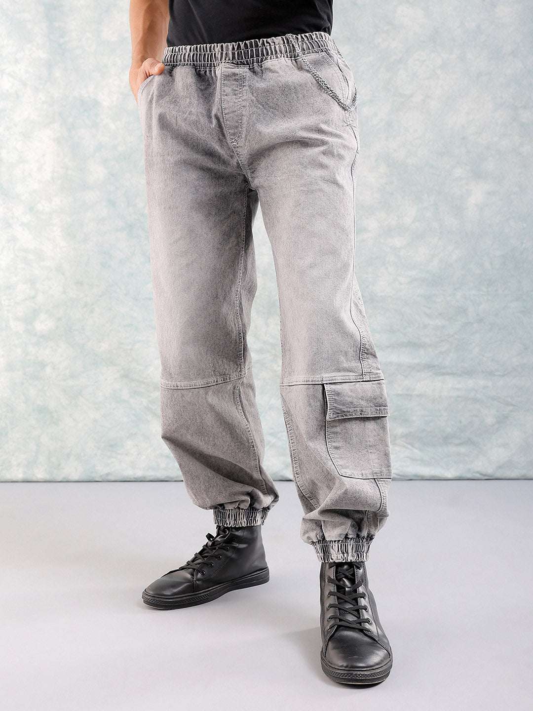 Men's Grey Loose Fit Solid Street Wear Jeans - Image 2