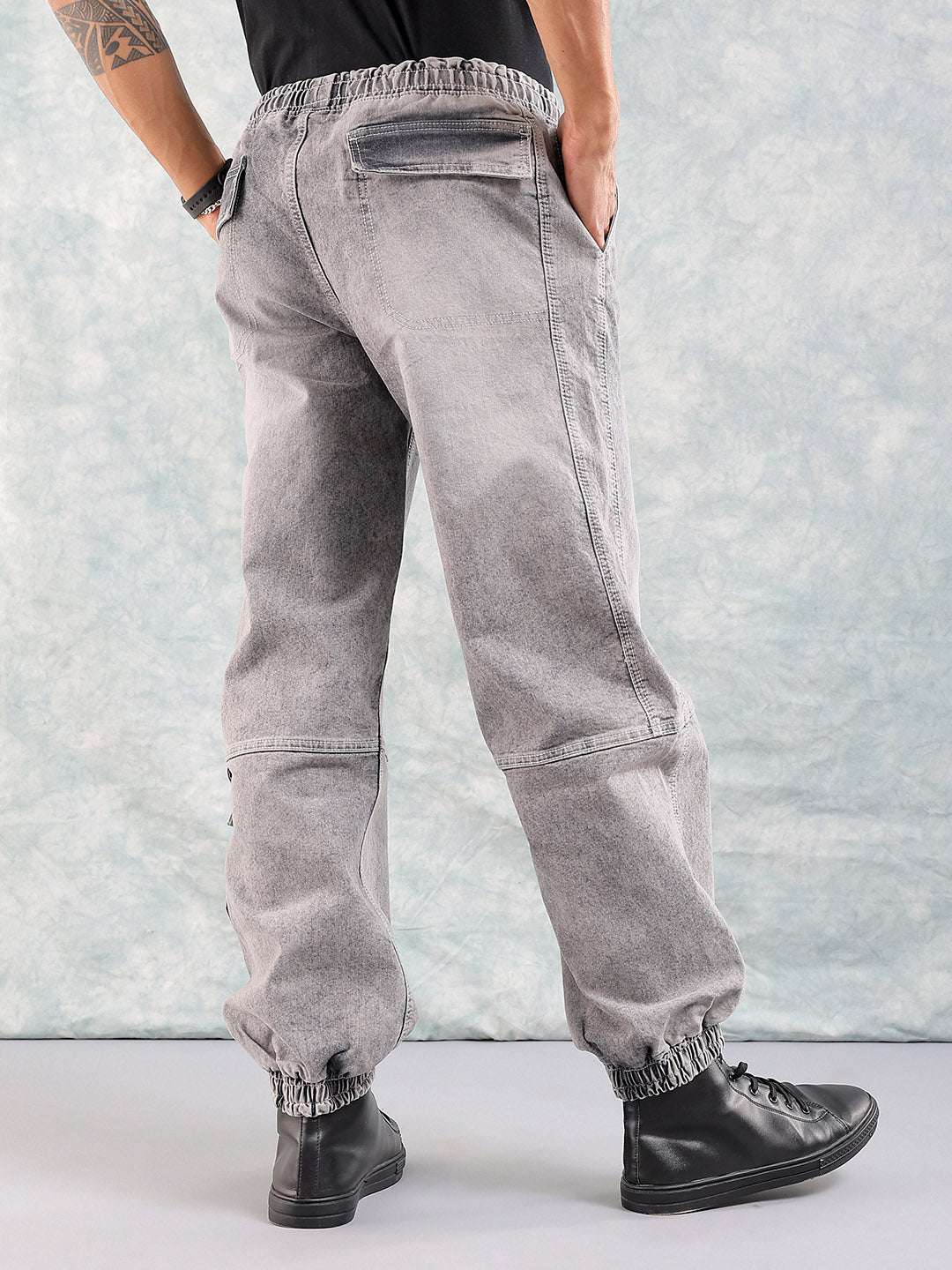 Men's Grey Loose Fit Solid Street Wear Jeans - Image 3