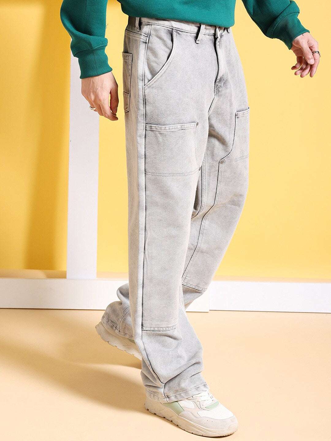 Men's Grey Baggy Fit Solid Mid-Rise Carpenter Denim - Image 2