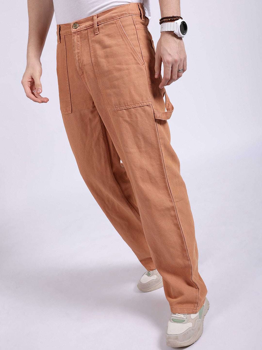 Men's Almond Straight Fit Solid Retro Wear Jeans - Image 3