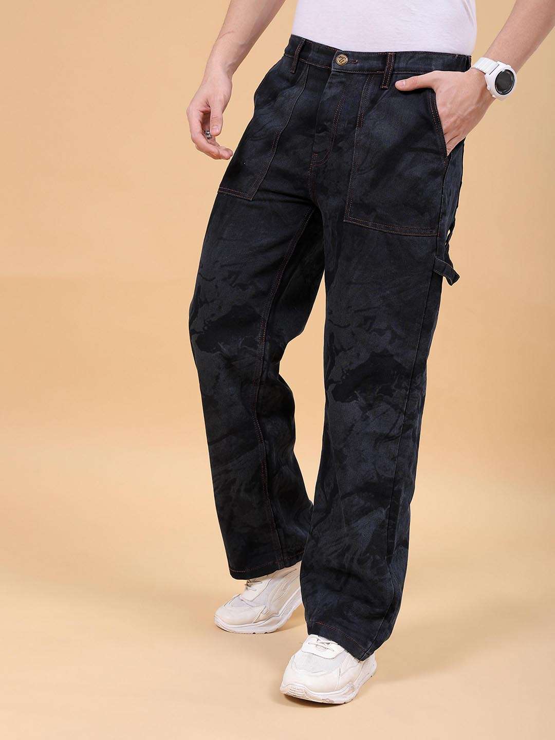 Men's Dark Blue Baggy Fit Solid Casual Jeans - Image 4