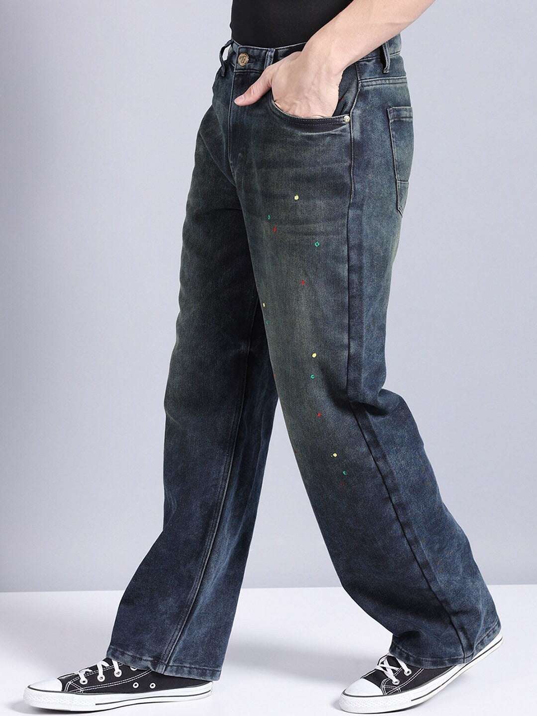 Men's Navy Baggy Fit Solid Casual Jeans - Image 2