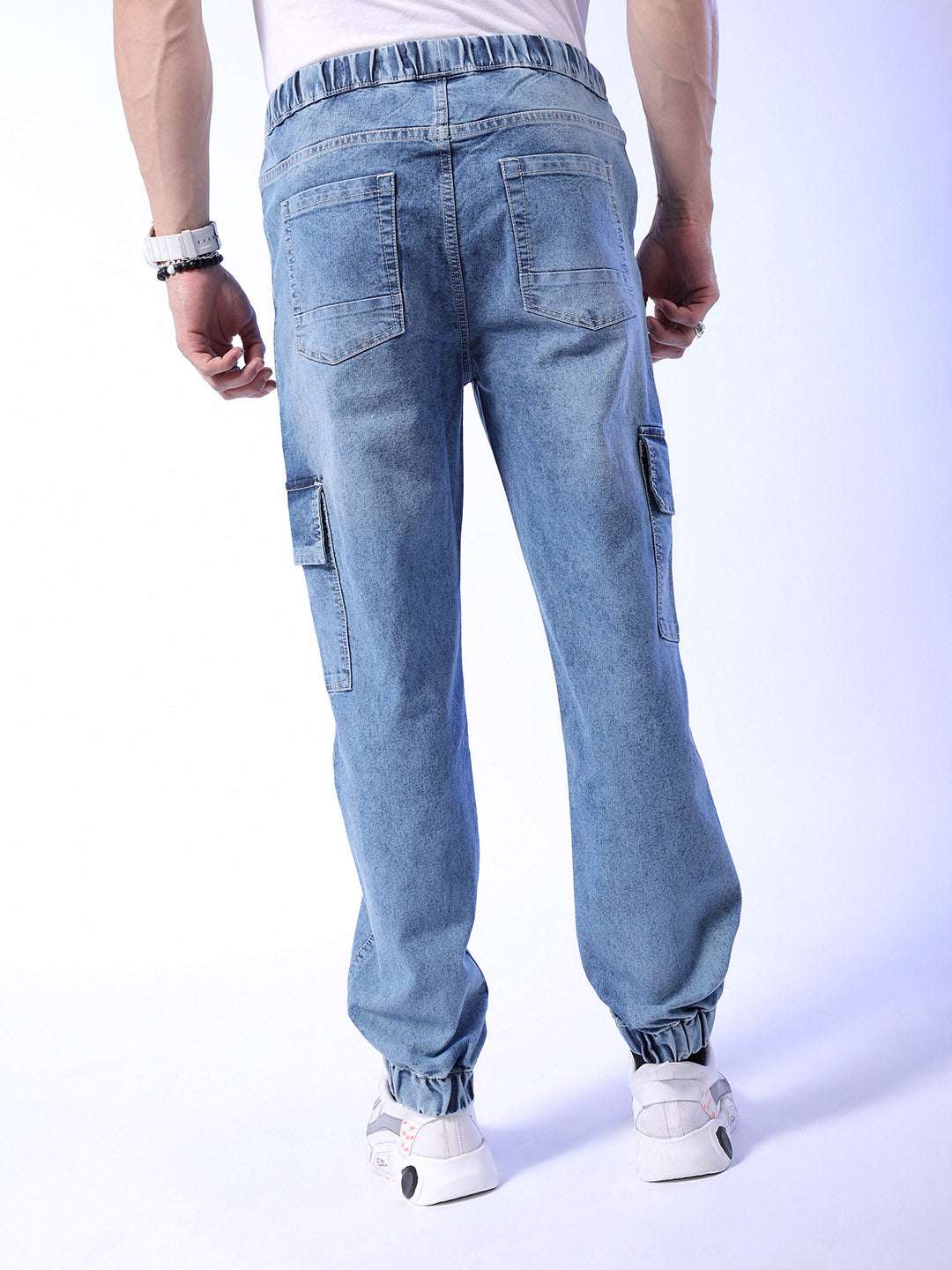 Men's Navy Regular Fit Solid Mid-Rise Stretchable Denim Cargo Joggers - Image 2