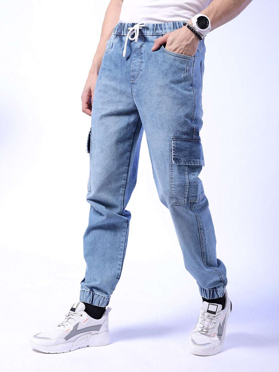 Men's Navy Regular Fit Solid Mid-Rise Stretchable Denim Cargo Joggers - Image 3