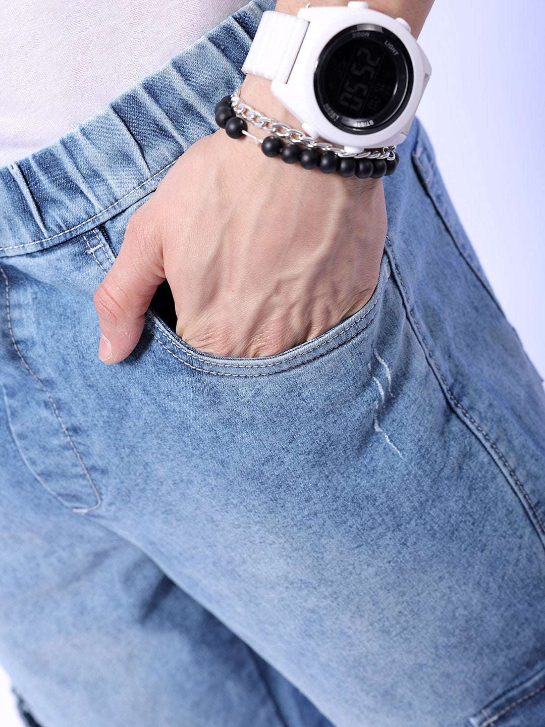Men's Navy Regular Fit Solid Mid-Rise Stretchable Denim Cargo Joggers - Image 5