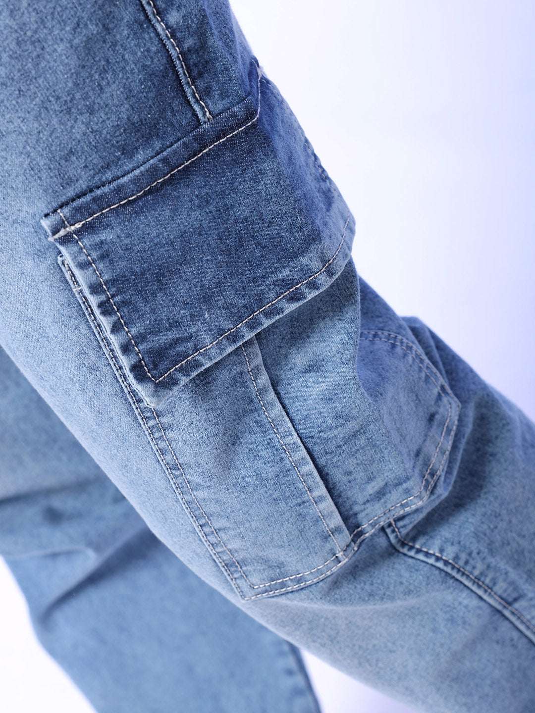 Men's Navy Regular Fit Solid Mid-Rise Stretchable Denim Cargo Joggers - Image 6