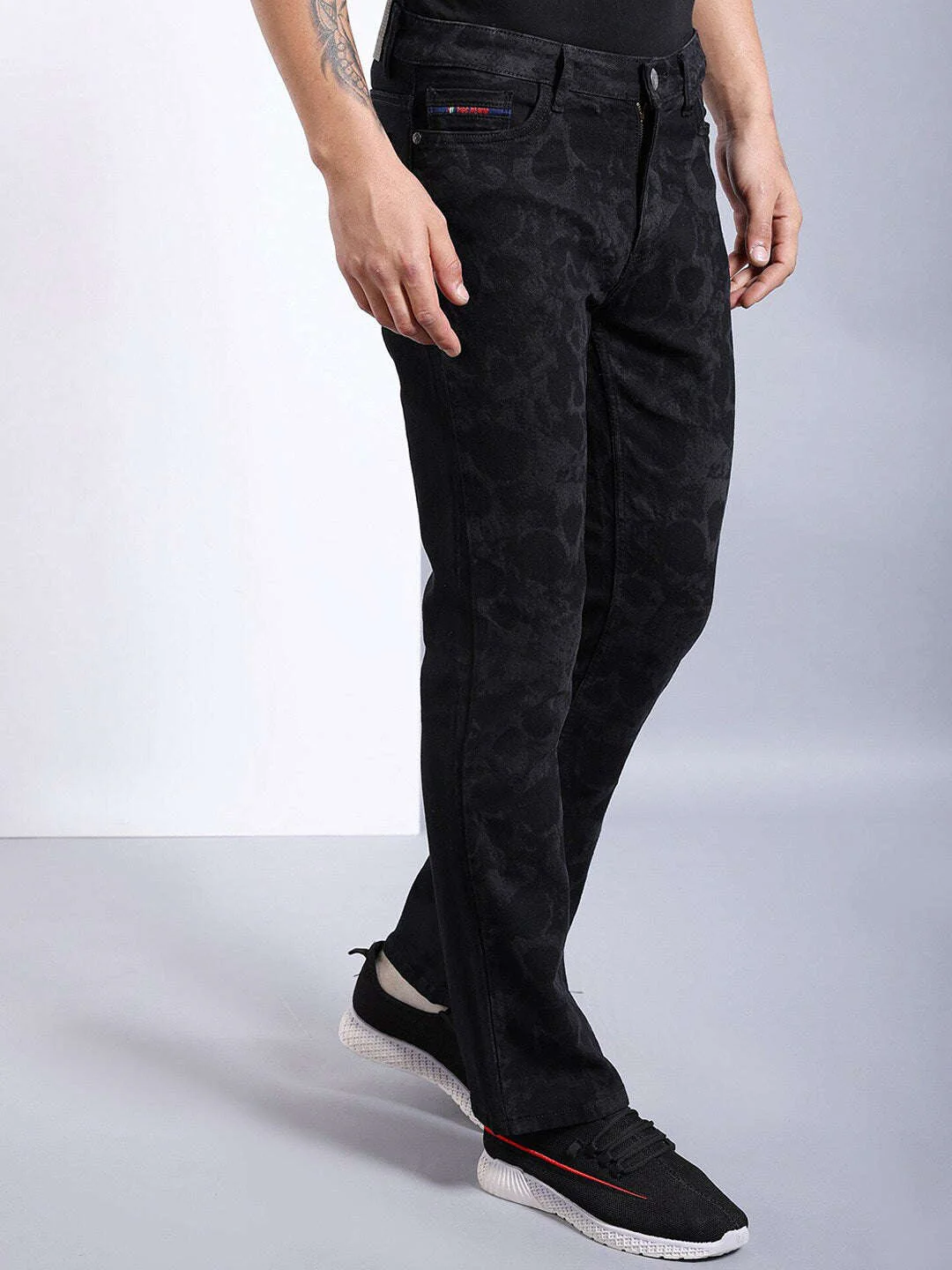 Men's Black Bootcut Fit Placement Print Street Wear Jeans - Image 3