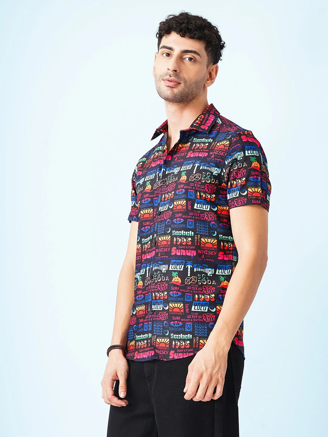 Men's Black Regular Fit Printed Street Wear Shirt - Image 2