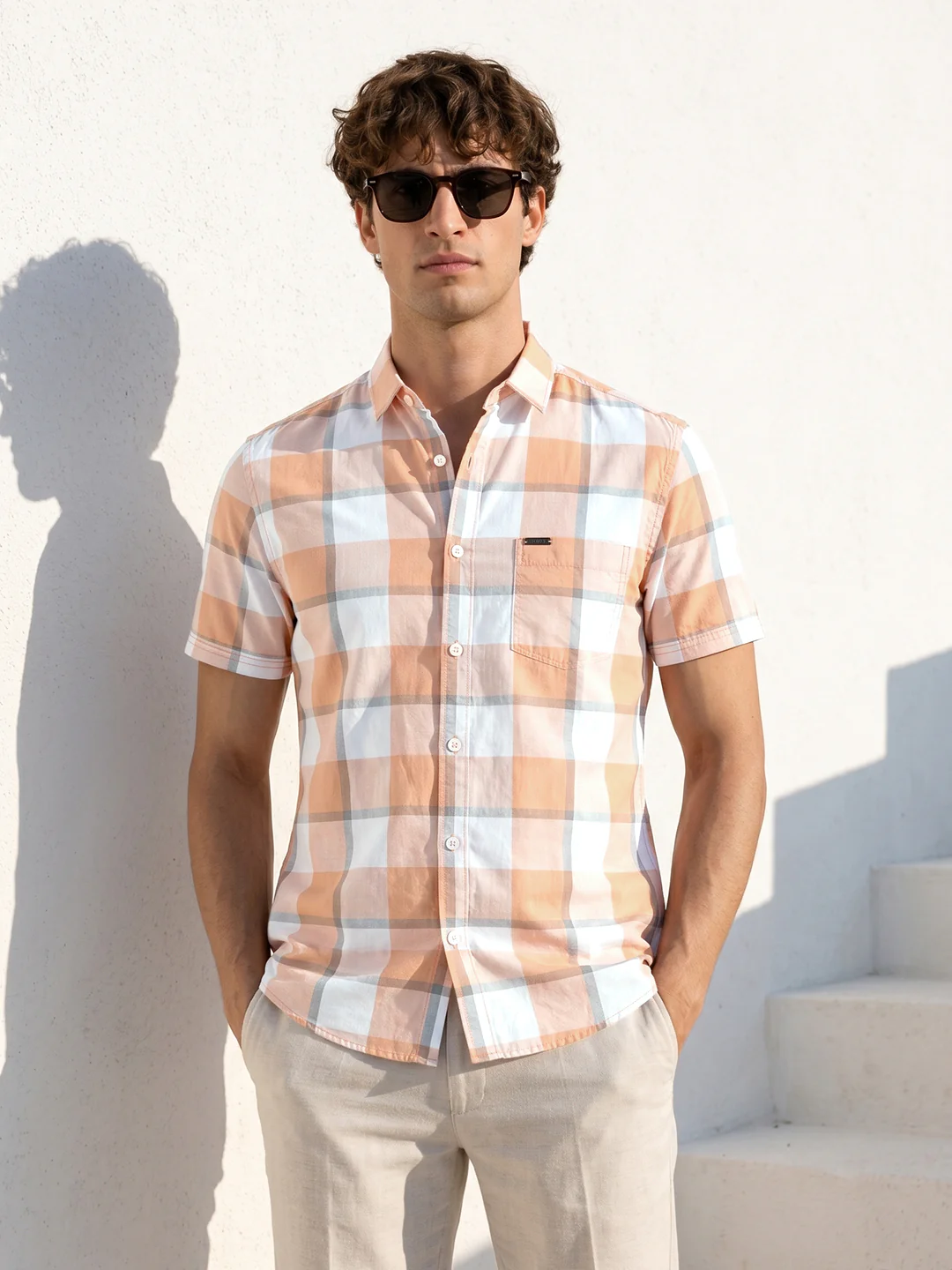 Men's Rust Regular Fit Checkered Casual Shirt