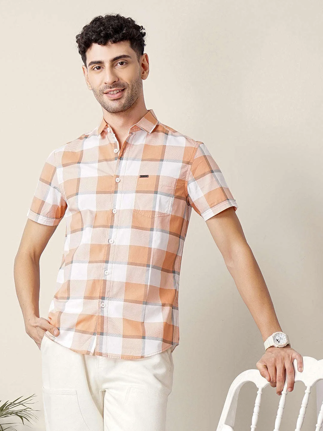 Men's Rust Regular Fit Checkered Casual Shirt - Image 2