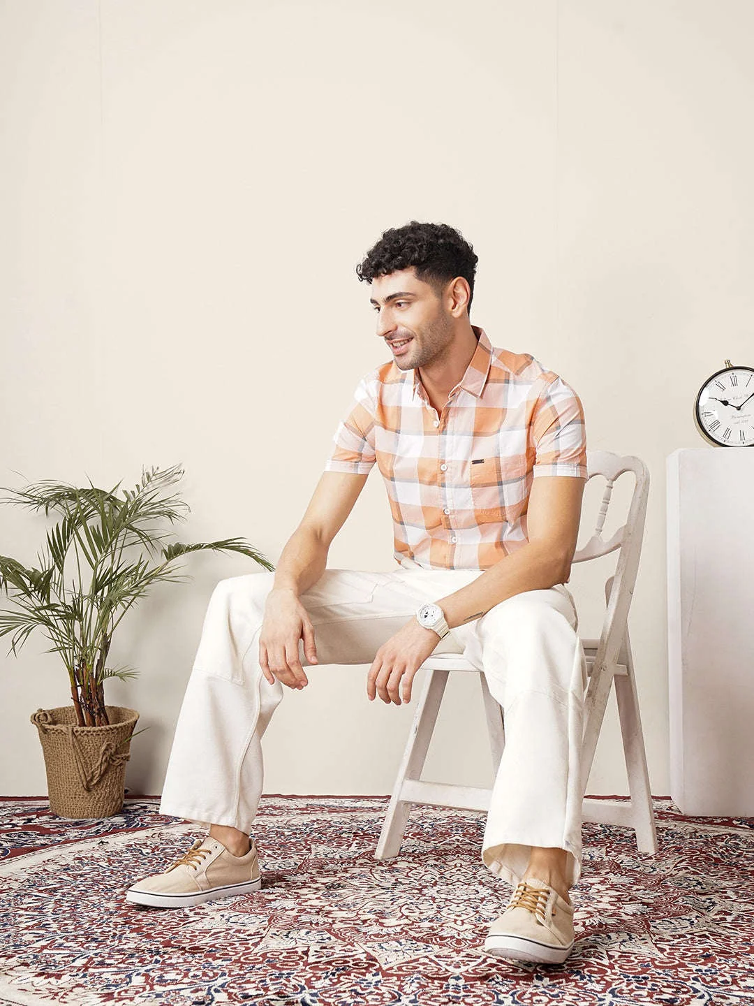 Men's Rust Regular Fit Checkered Casual Shirt - Image 3