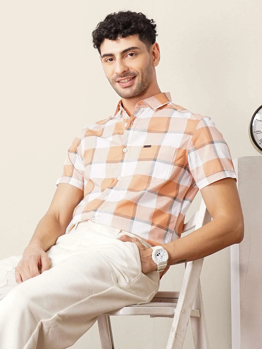 Men's Rust Regular Fit Checkered Casual Shirt - Image 5