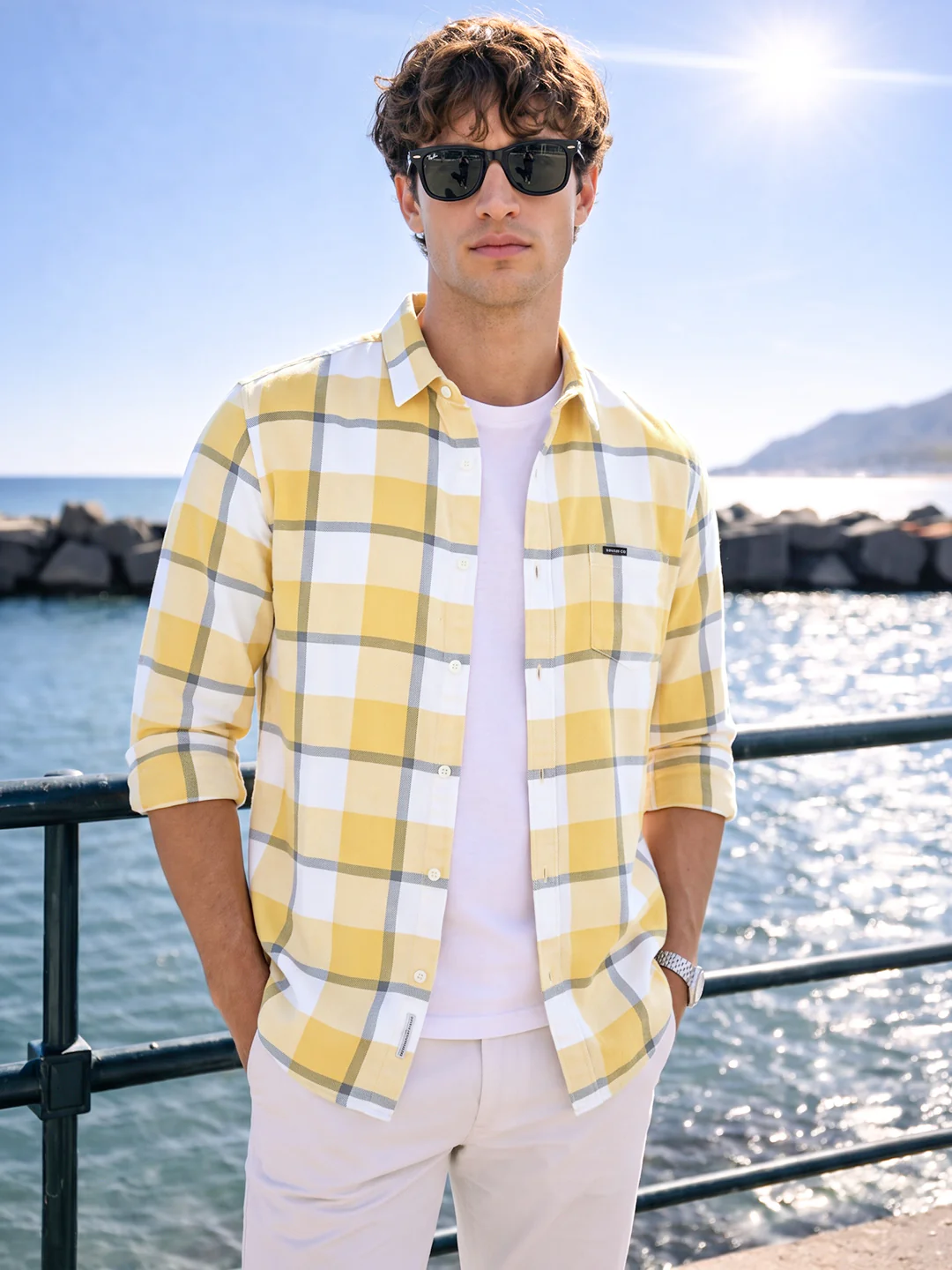 Men's Yellow Regular Fit Striped Casual Shirt
