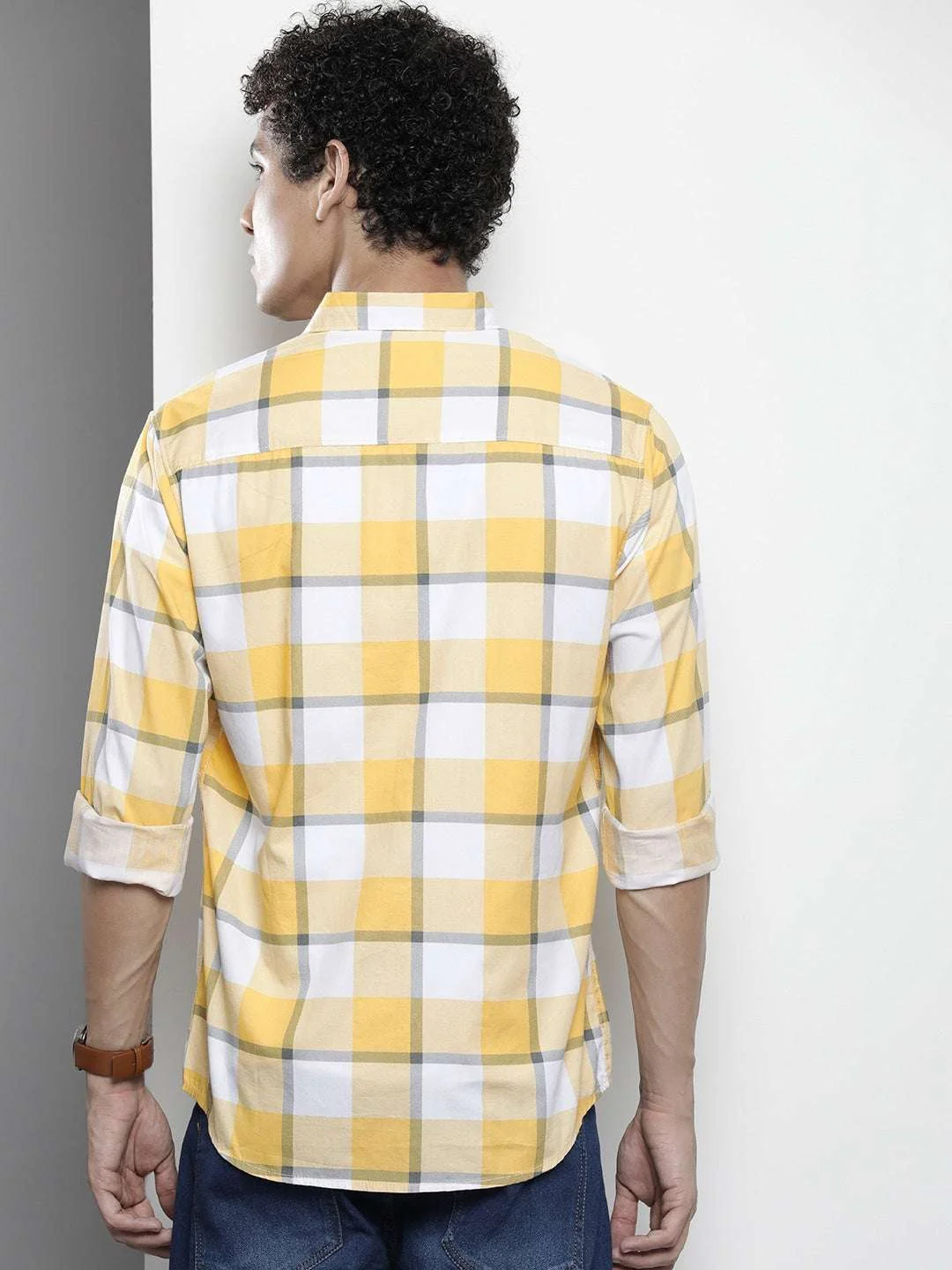 Men's Yellow Regular Fit Striped Casual Shirt - Image 5