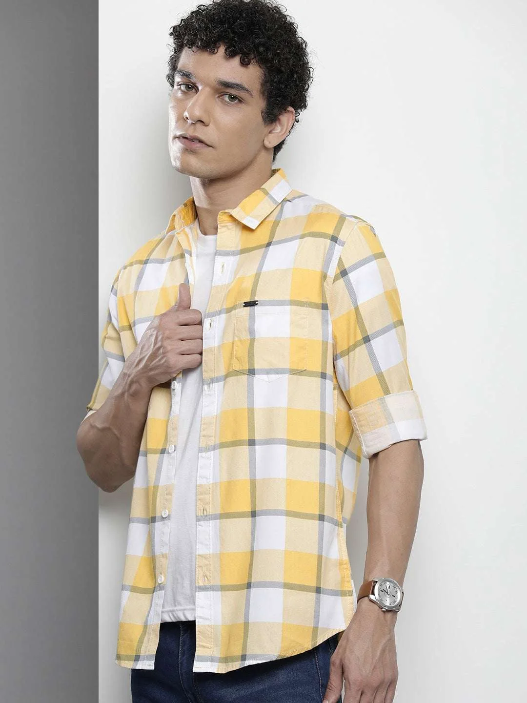 Men's Yellow Regular Fit Striped Casual Shirt - Image 6