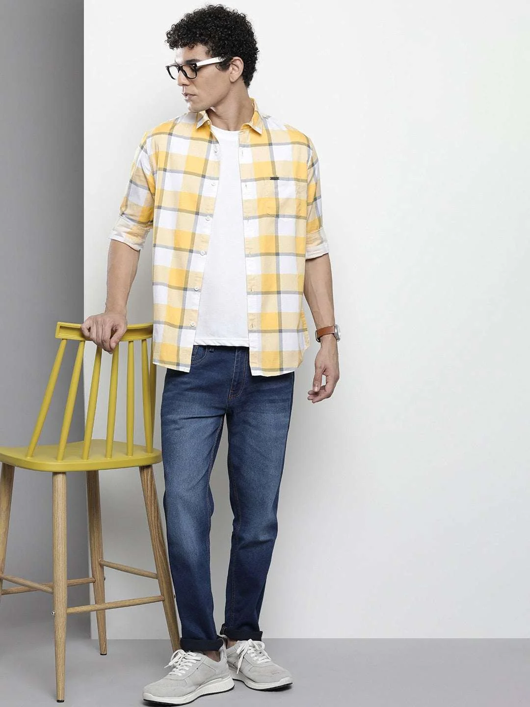 Men's Yellow Regular Fit Striped Casual Shirt - Image 7