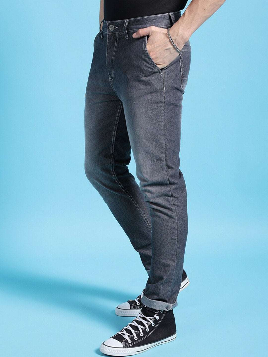 Men's Grey Slim Fit Solid Mid-Rise Jeans - Image 2