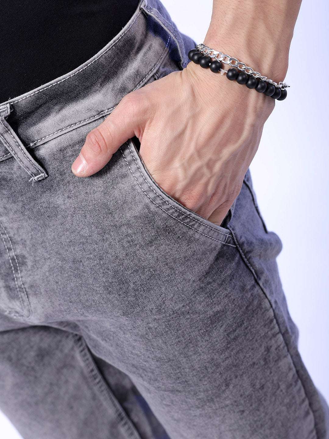 Men's Grey Slim Fit Solid Casual Jeans - Image 6