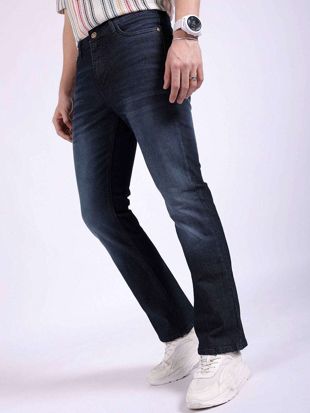 Men's Dark Blue Bootcut Fit Solid Casual Jeans - Image 2
