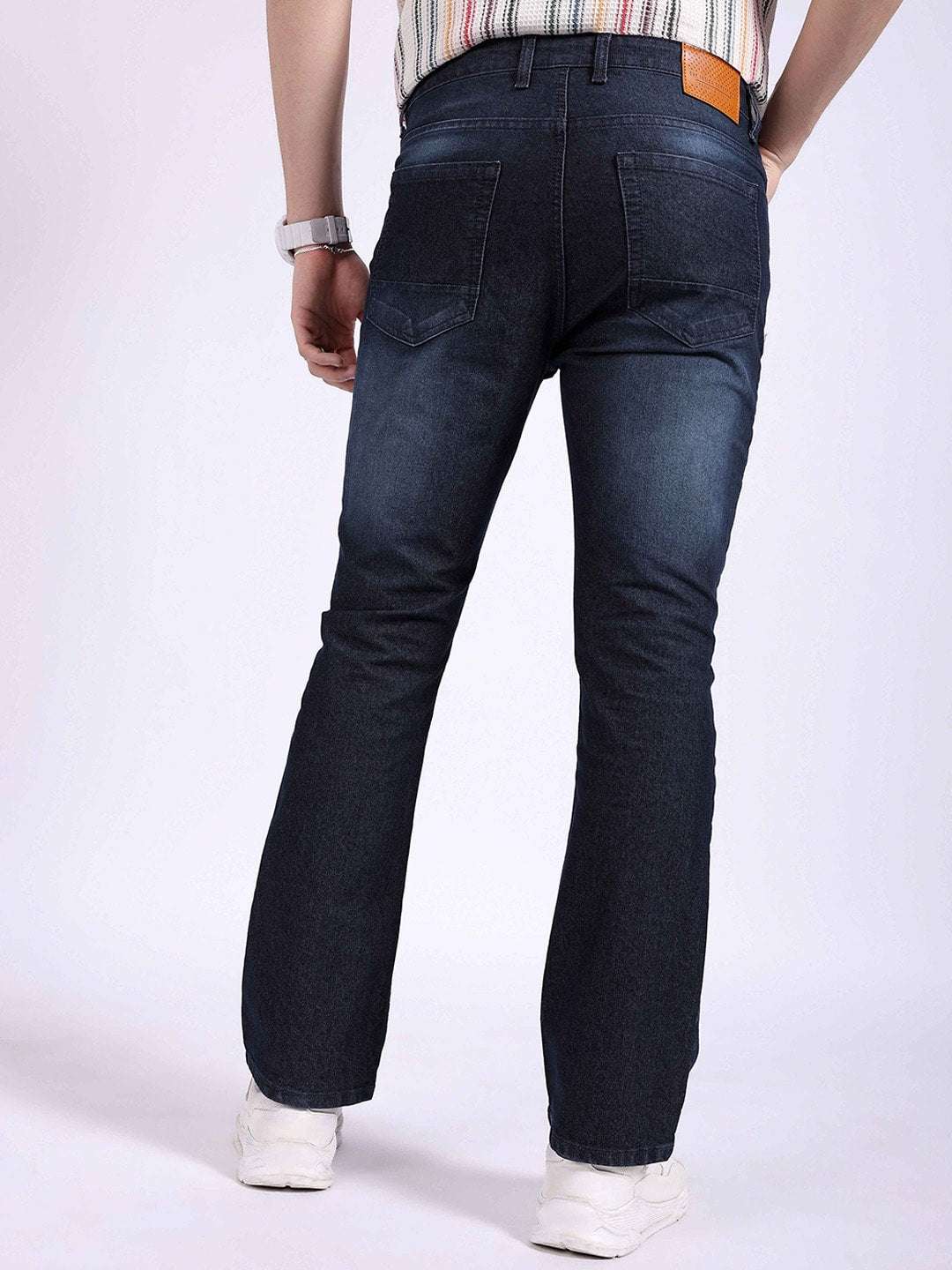 Men's Dark Blue Bootcut Fit Solid Casual Jeans - Image 3