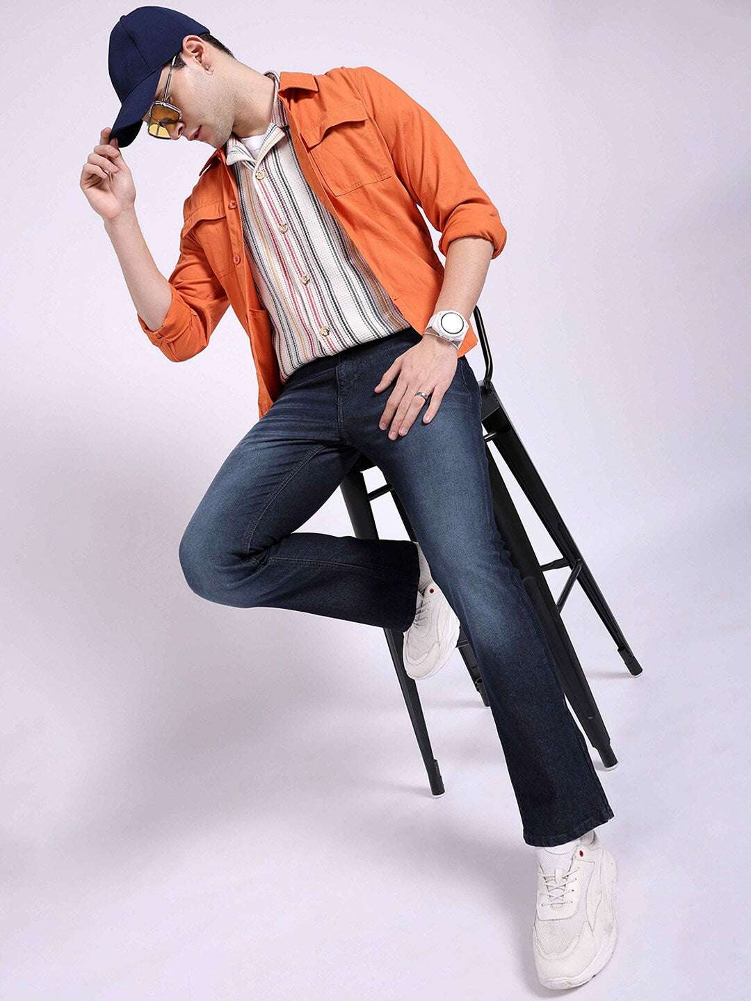 Men's Dark Blue Bootcut Fit Solid Casual Jeans - Image 5