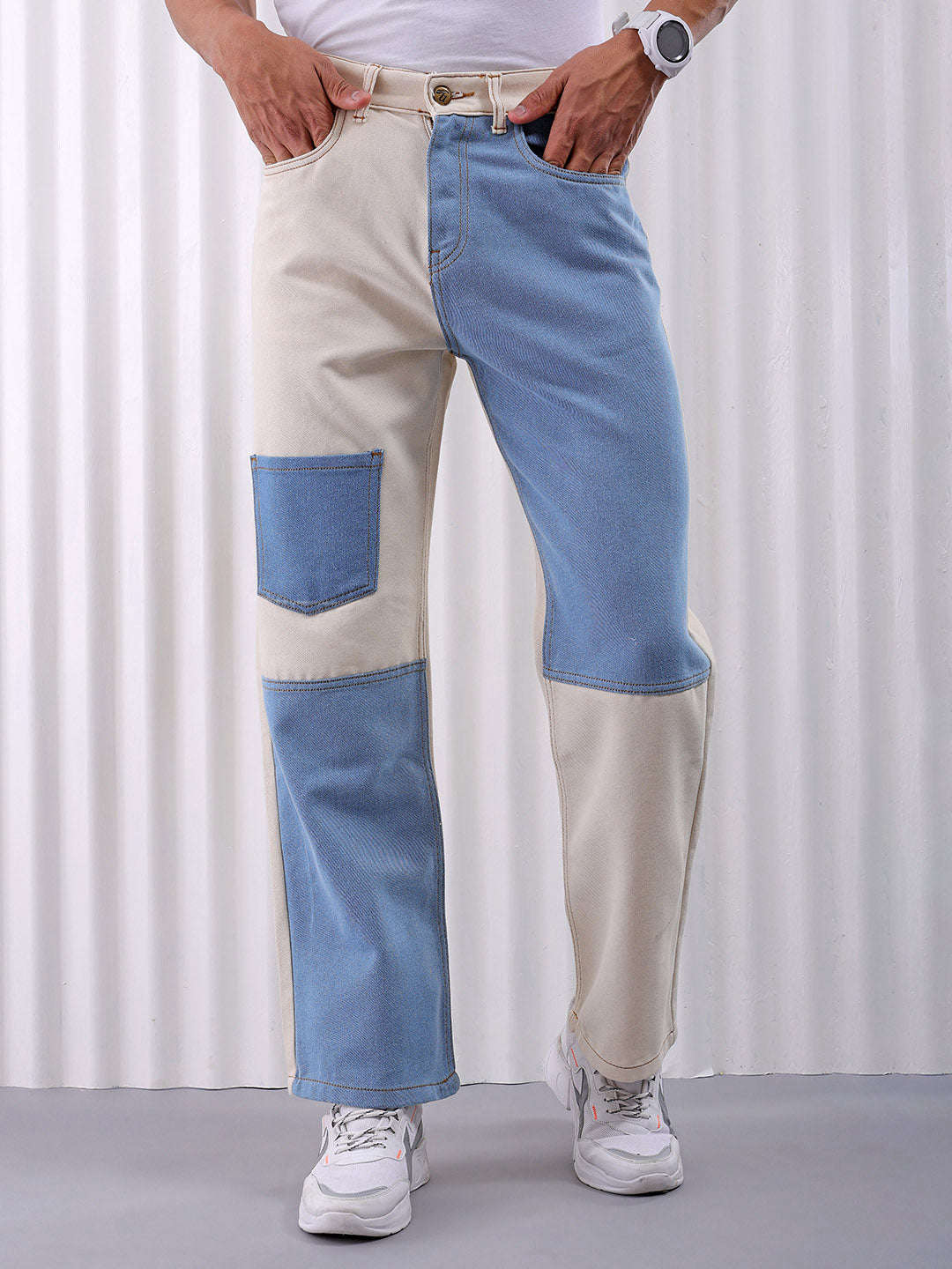 Men's White Relaxed Fit Colourblocked Casual Jeans - Image 4