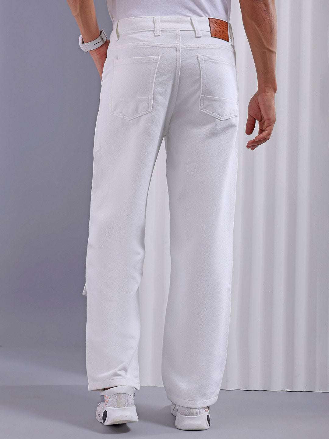 Men's White Baggy Fit Solid Utility Jeans - Image 3