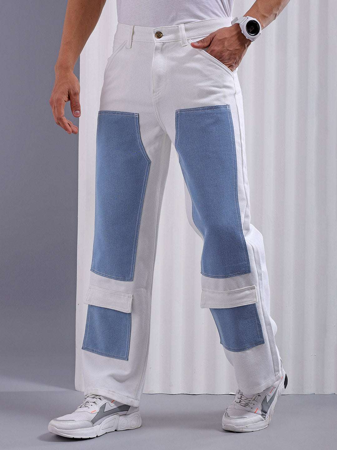 Men's White Baggy Fit Solid Utility Jeans - Image 4