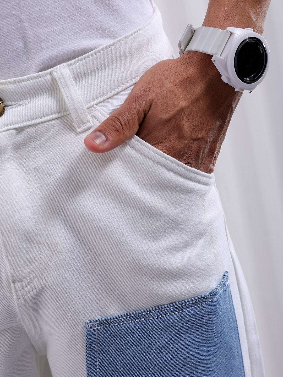 Men's White Baggy Fit Solid Utility Jeans - Image 6