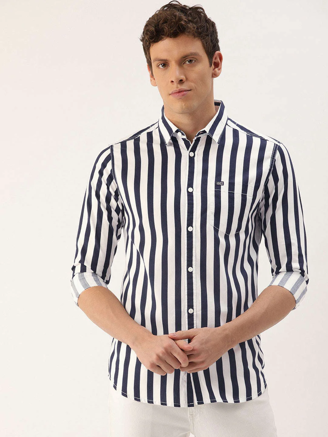 Men's Navy Blue Slim Fit Striped Casual Shirt - Image 2