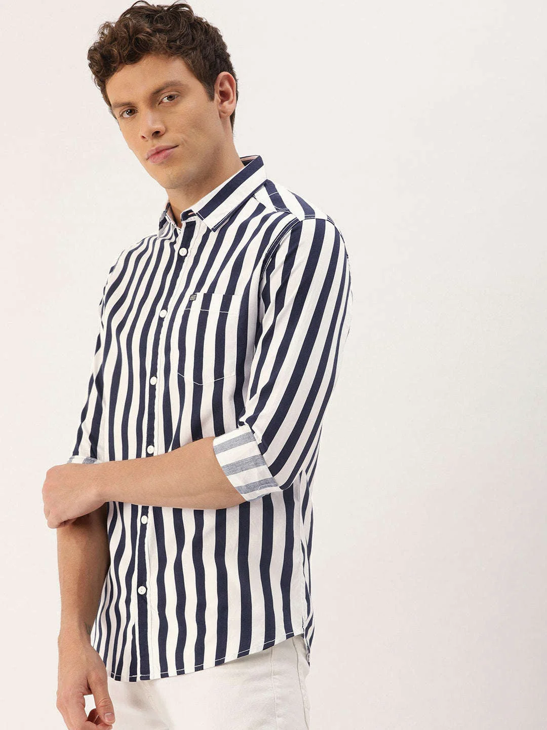 Men's Navy Blue Slim Fit Striped Casual Shirt - Image 6