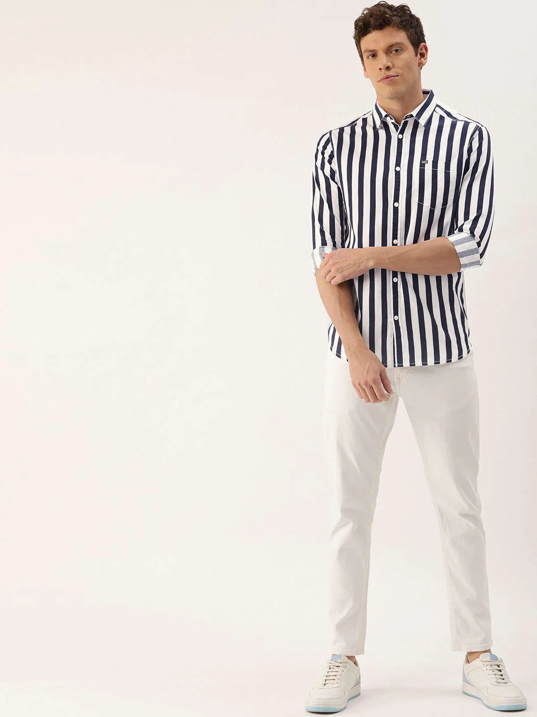 Men's Navy Blue Slim Fit Striped Casual Shirt - Image 7